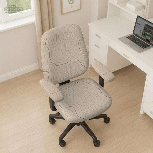 Beige desk chair cover with a topographic line art pattern shown on a chair, with examples of full chair cover, back and seat cover, seat-only cover, and armrest-only cover options.
