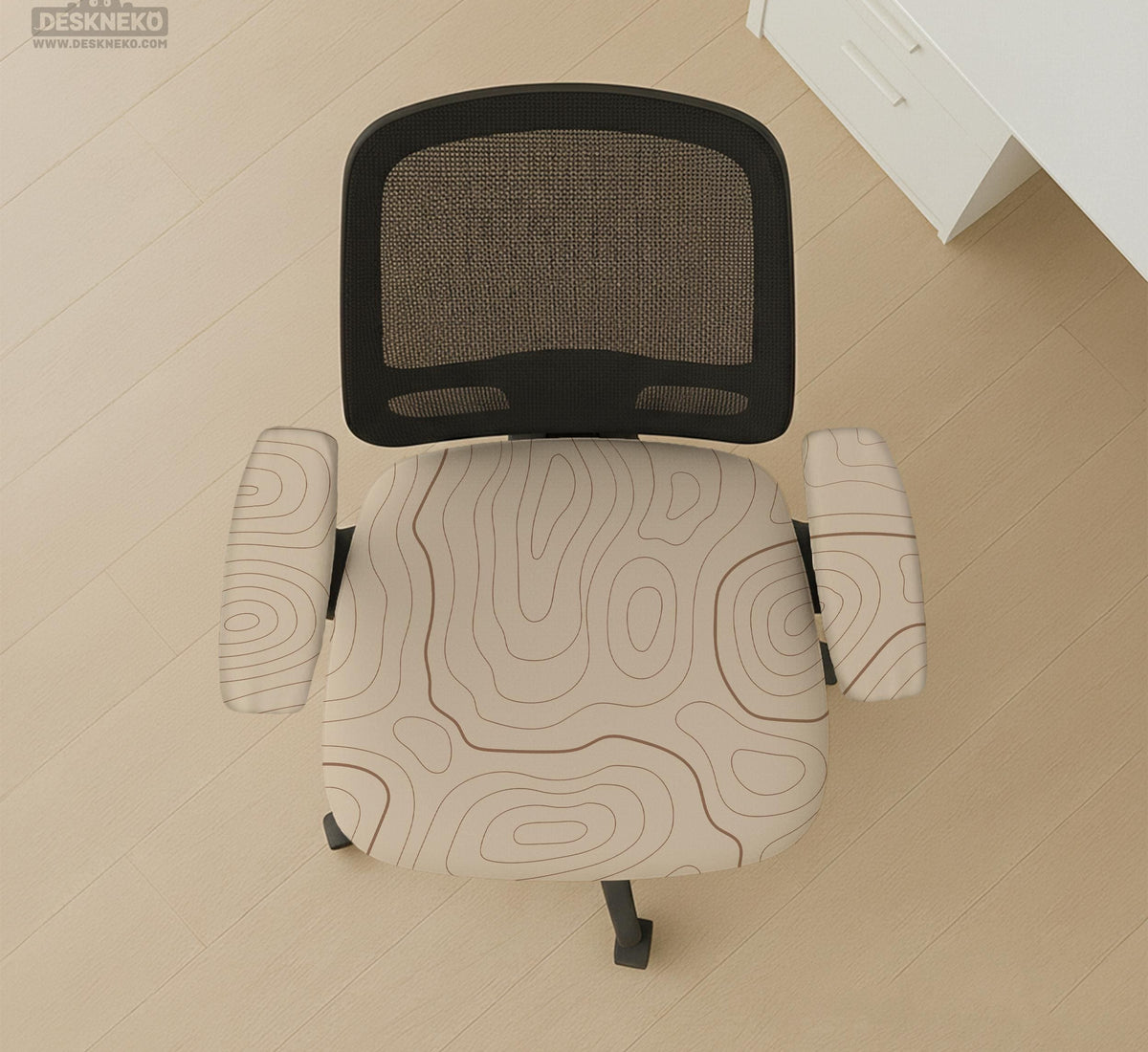 Beige chair cover with a minimalist topographic line pattern shown on a high back chair with armrests.