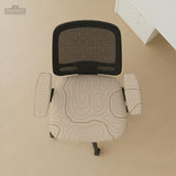 Beige chair cover with a minimalist topographic line pattern shown on a high back chair with armrests.