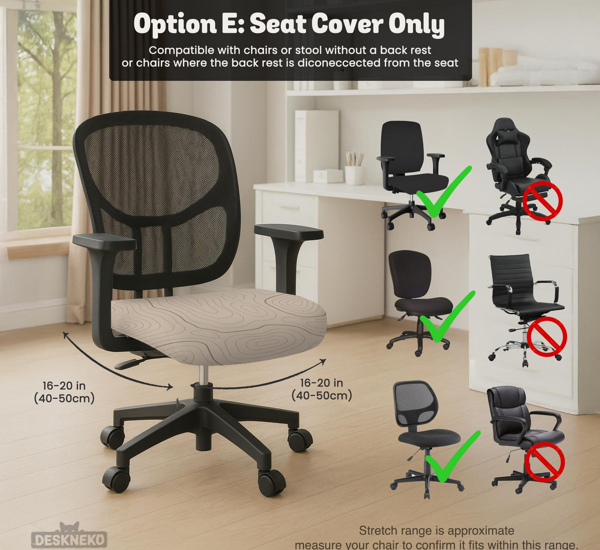 Beige desk chair cover with a topographic line art pattern shown on a chair, with examples of full chair cover, back and seat cover, seat-only cover, and armrest-only cover options.