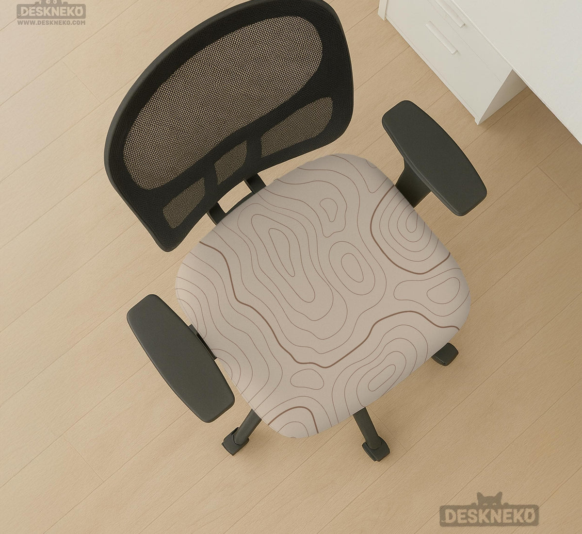 Beige desk chair cover with a topographic line art pattern shown on a chair, with examples of full chair cover, back and seat cover, seat-only cover, and armrest-only cover options.