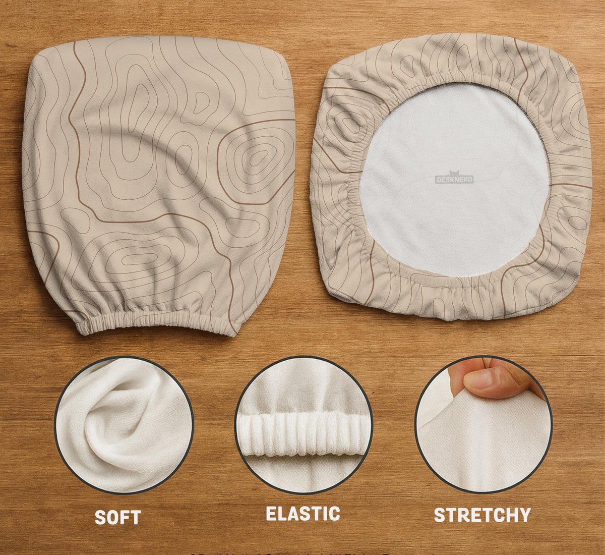Beige chair cover with a minimalist topographic line pattern shown on a high back chair with armrests.