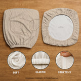 Beige desk chair cover with a topographic line art pattern shown on a chair, with examples of full chair cover, back and seat cover, seat-only cover, and armrest-only cover options.