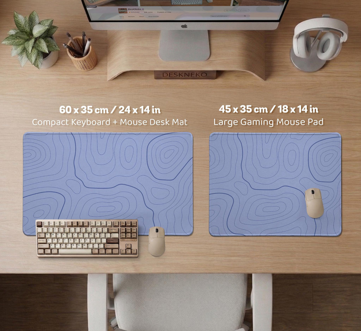 A periwinkle deskmat with thin blue contour lines printed across the surface.