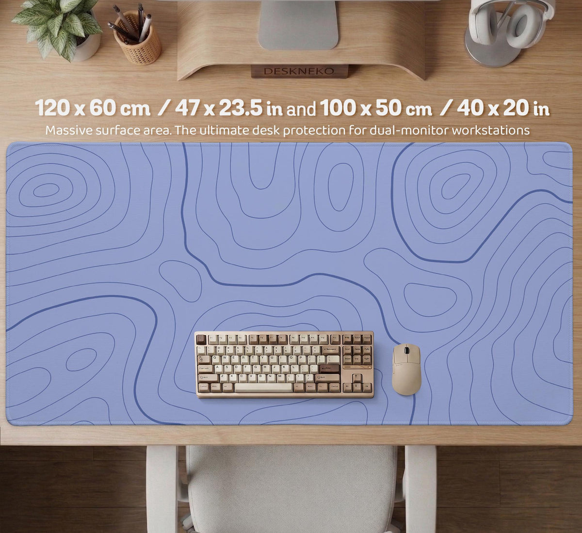 A pastel blue mousepad with an abstract topographic contour line pattern.