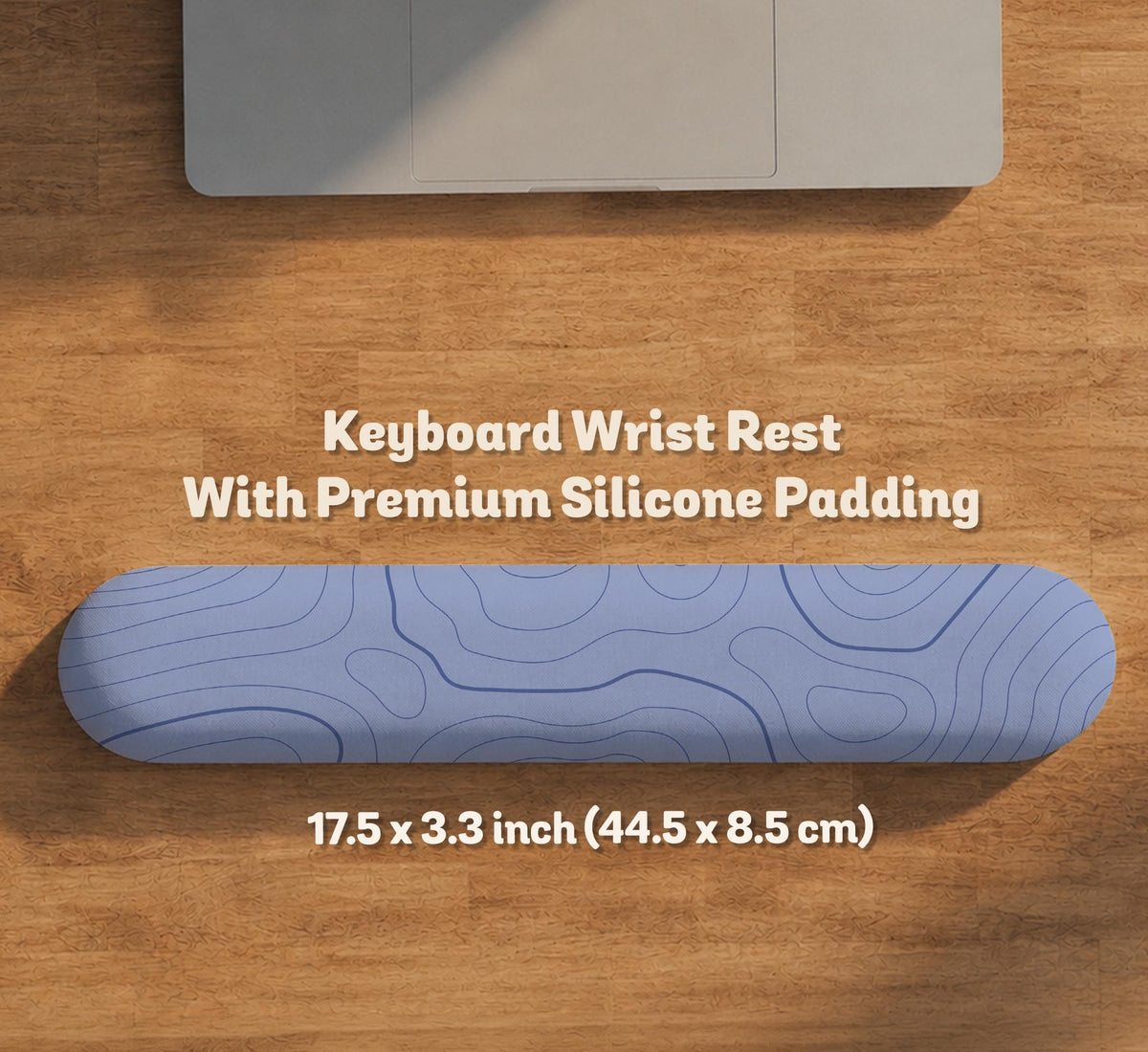 A periwinkle deskmat with thin blue contour lines printed across the surface.