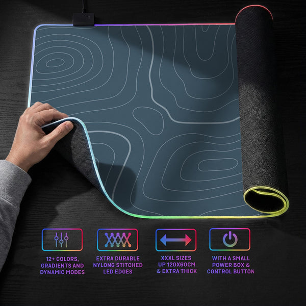Blue mousepad with a topographic line pattern on a slate background.