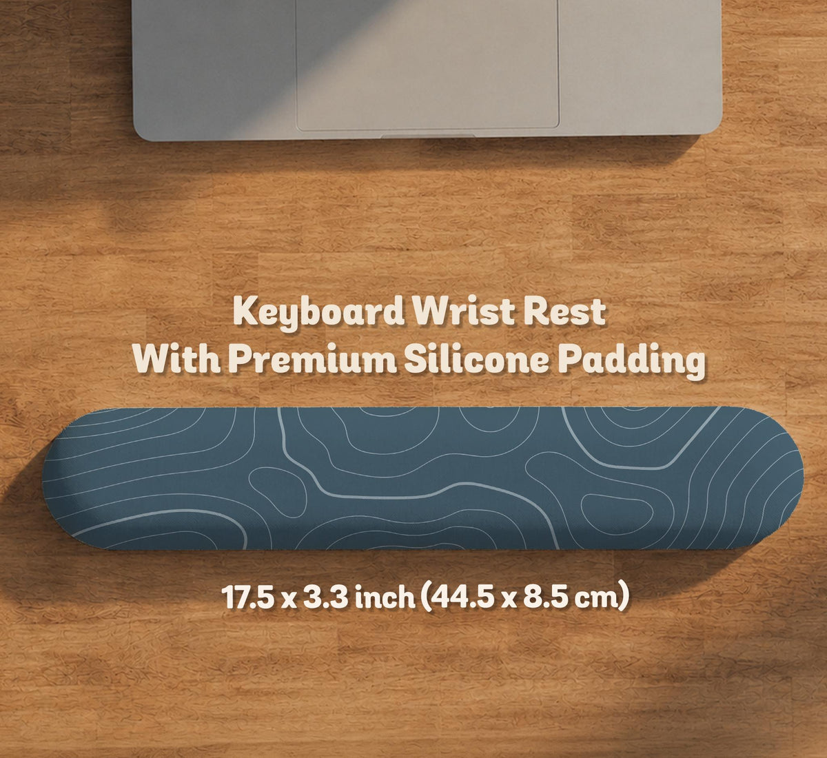 Blue mousepad with a topographic line pattern on a slate background.