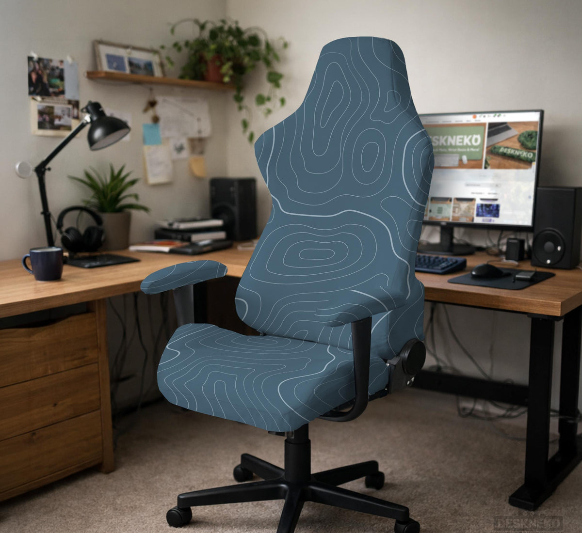 Slate gray chair cover with a blue gray topographic line pattern shown on a high back gaming chair.