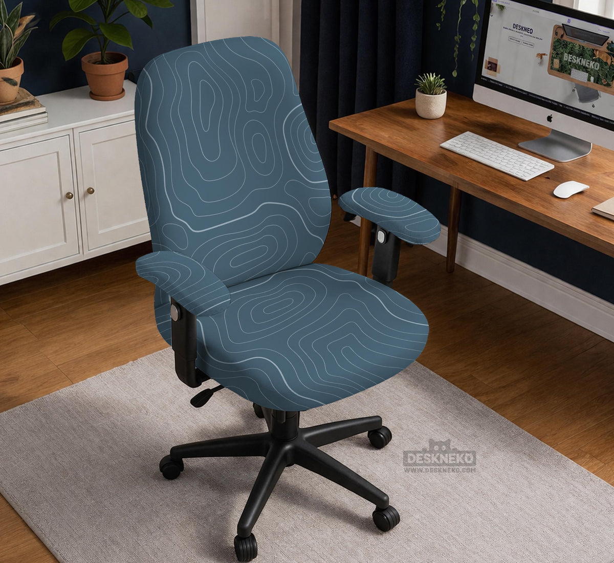 Slate gray chair cover with a blue gray topographic line pattern shown on a high back gaming chair.