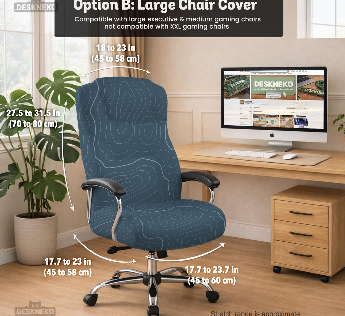 Slate gray chair cover with a blue gray topographic line pattern shown on a high back gaming chair.