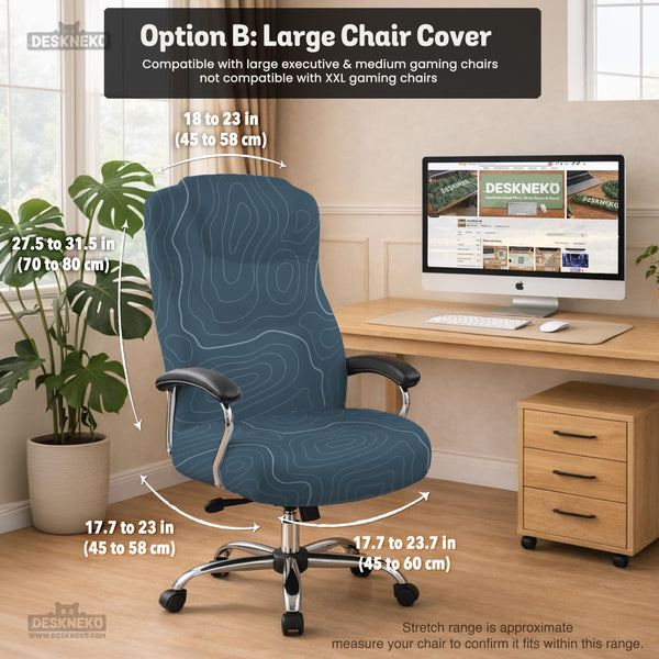 Slate gray chair cover with a blue gray topographic line pattern shown on a high back gaming chair.