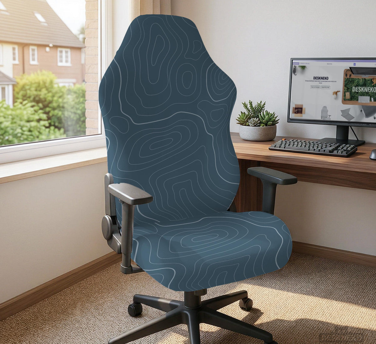 Slate gray chair cover with a blue gray topographic line pattern shown on a high back gaming chair.