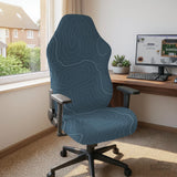Slate gray chair cover with a blue gray topographic line pattern shown on a high back gaming chair.