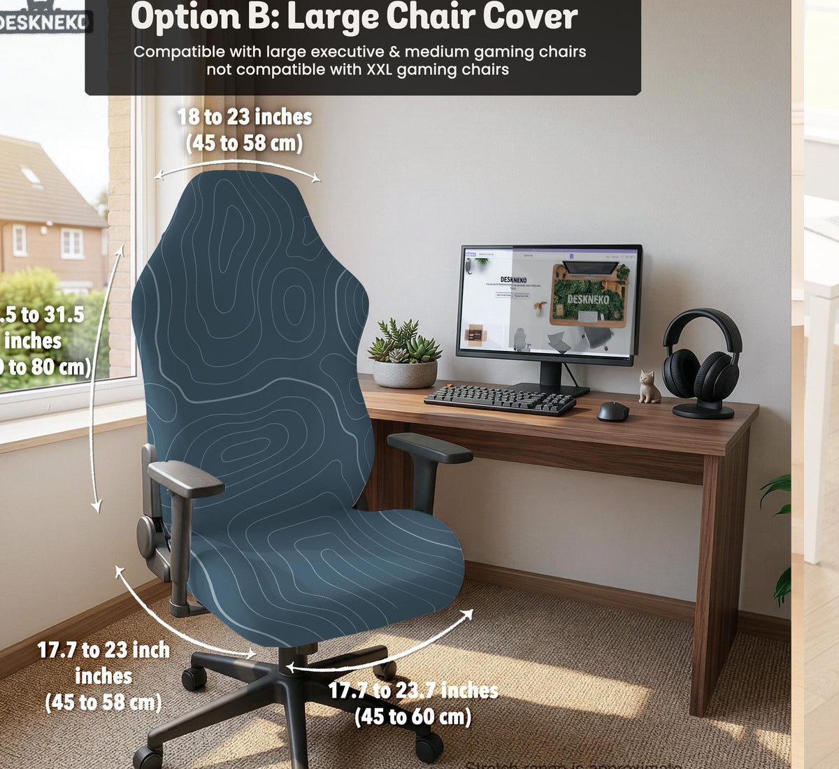 Slate gray chair cover with a blue gray topographic line pattern shown on a high back gaming chair.