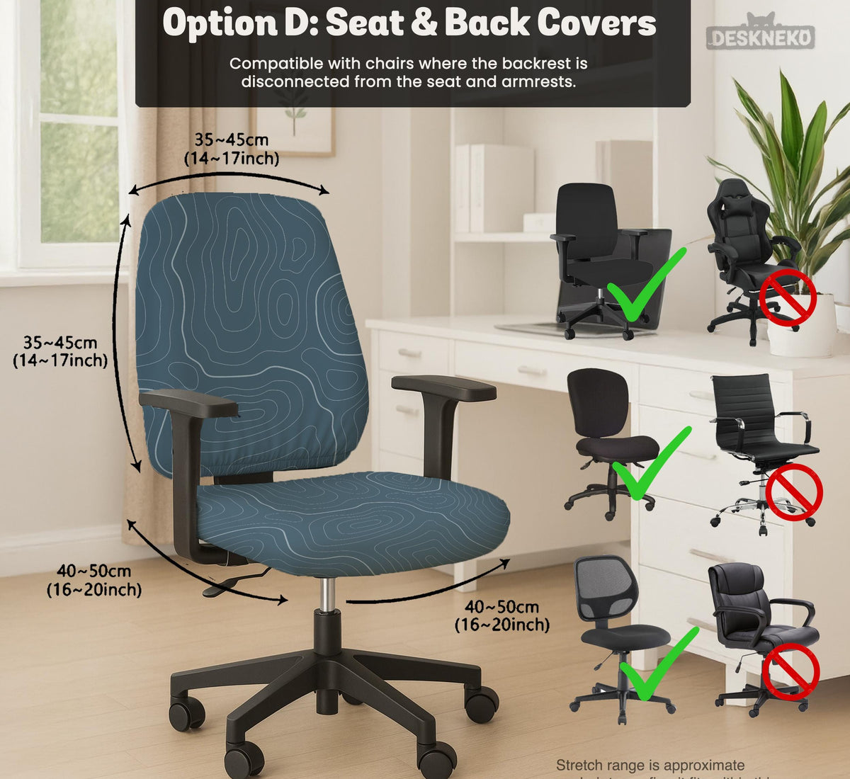 Slate gray chair cover with a blue gray topographic line pattern shown on a high back gaming chair.