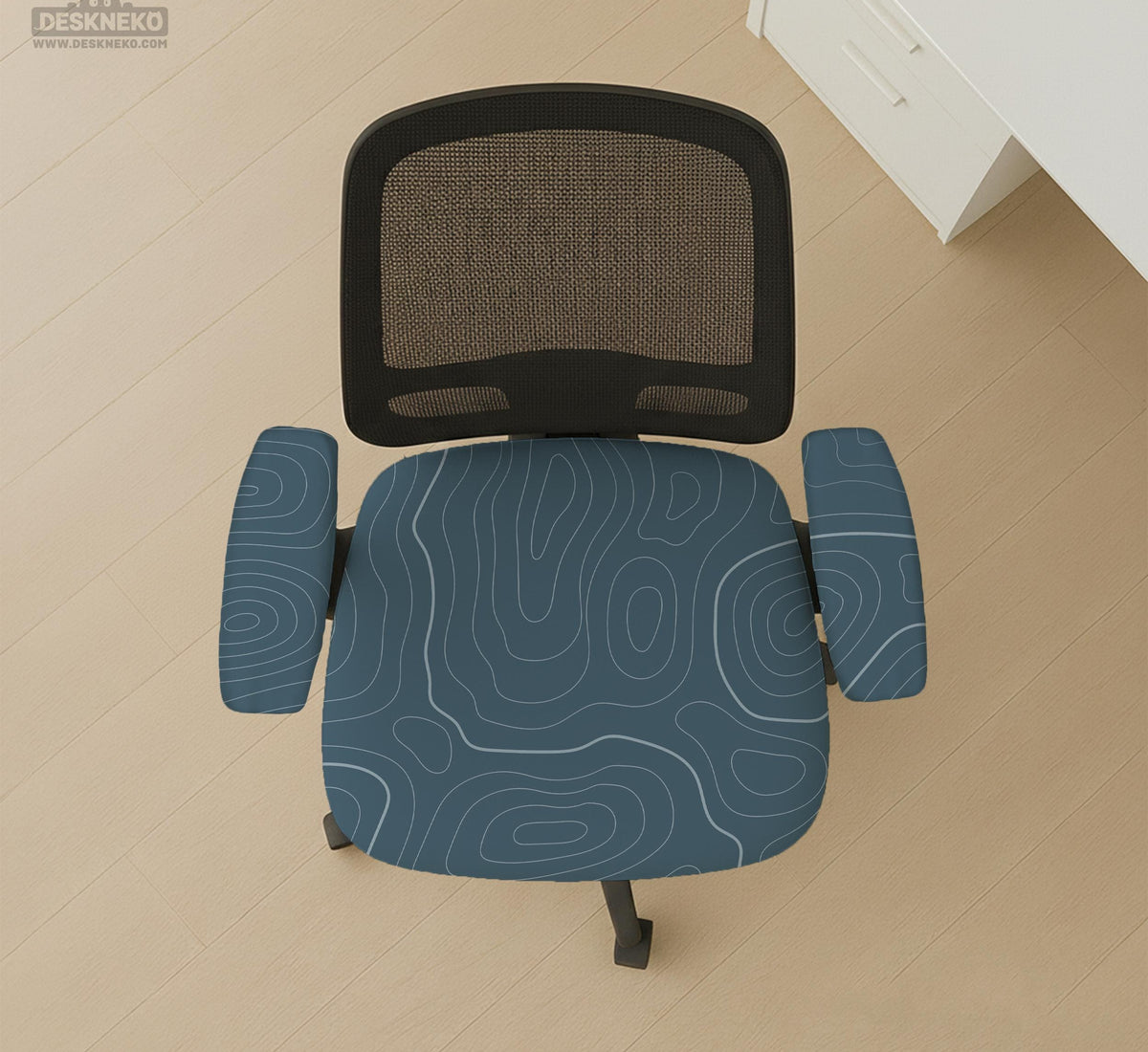 Slate gray chair cover with a blue gray topographic line pattern shown on a high back gaming chair.