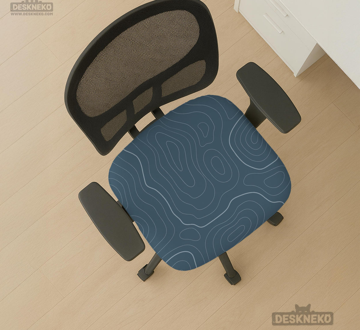 Slate gray chair cover with a blue gray topographic line pattern shown on a high back gaming chair.