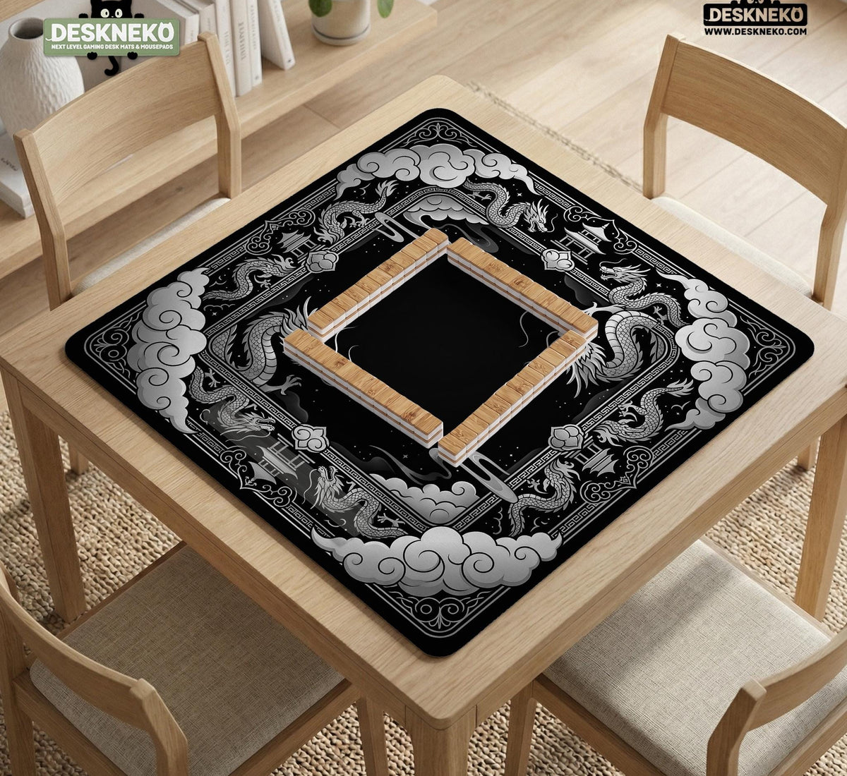 Square mahjong table mat with a black and silver dragon border, cloud details, and a scalloped edge.