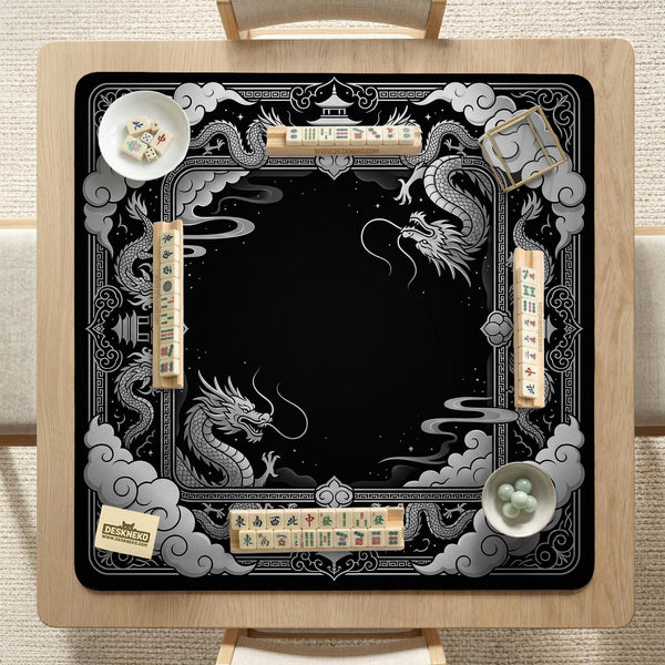 Square mahjong table mat with a black and silver dragon border, cloud details, and a scalloped edge.