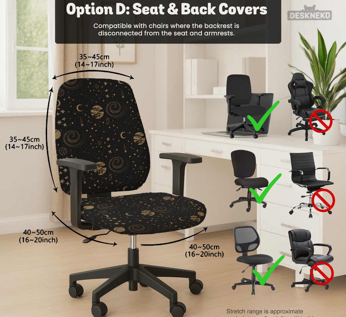 Black chair cover with a dark galaxy pattern, muted gold stars and celestial artwork on a chair.