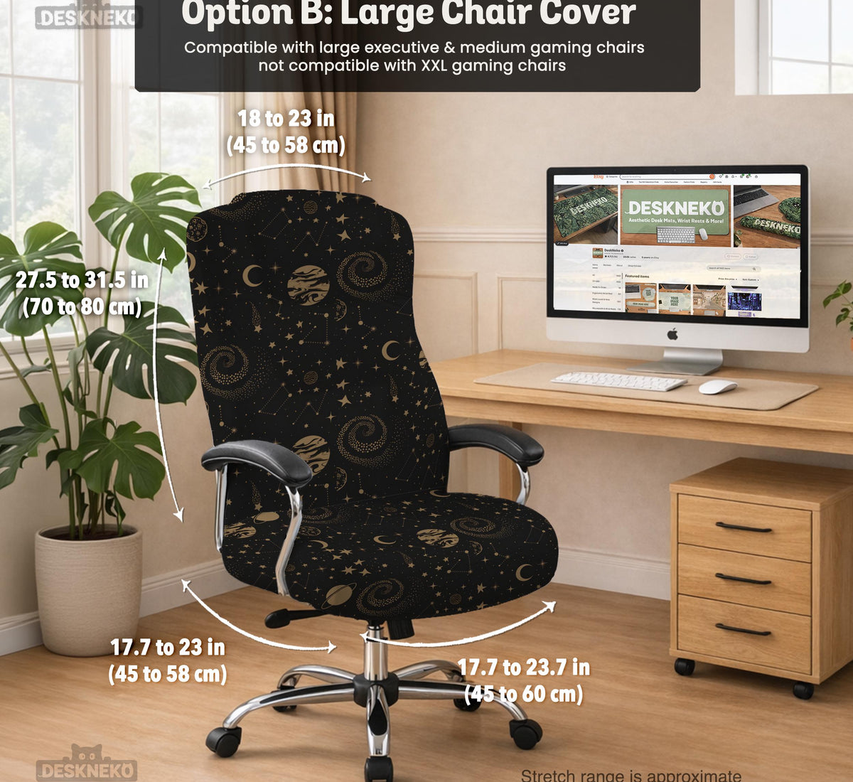 Black chair cover with a dark galaxy pattern, muted gold stars and celestial artwork on a chair.