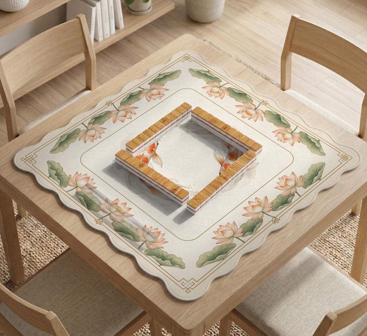 Ivory square mahjong mat with watercolor koi fish, lotus flowers, peach blossoms, sage leaves, and a thin gold border.