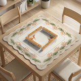 Ivory square mahjong mat with watercolor koi fish, lotus flowers, peach blossoms, sage leaves, and a thin gold border.