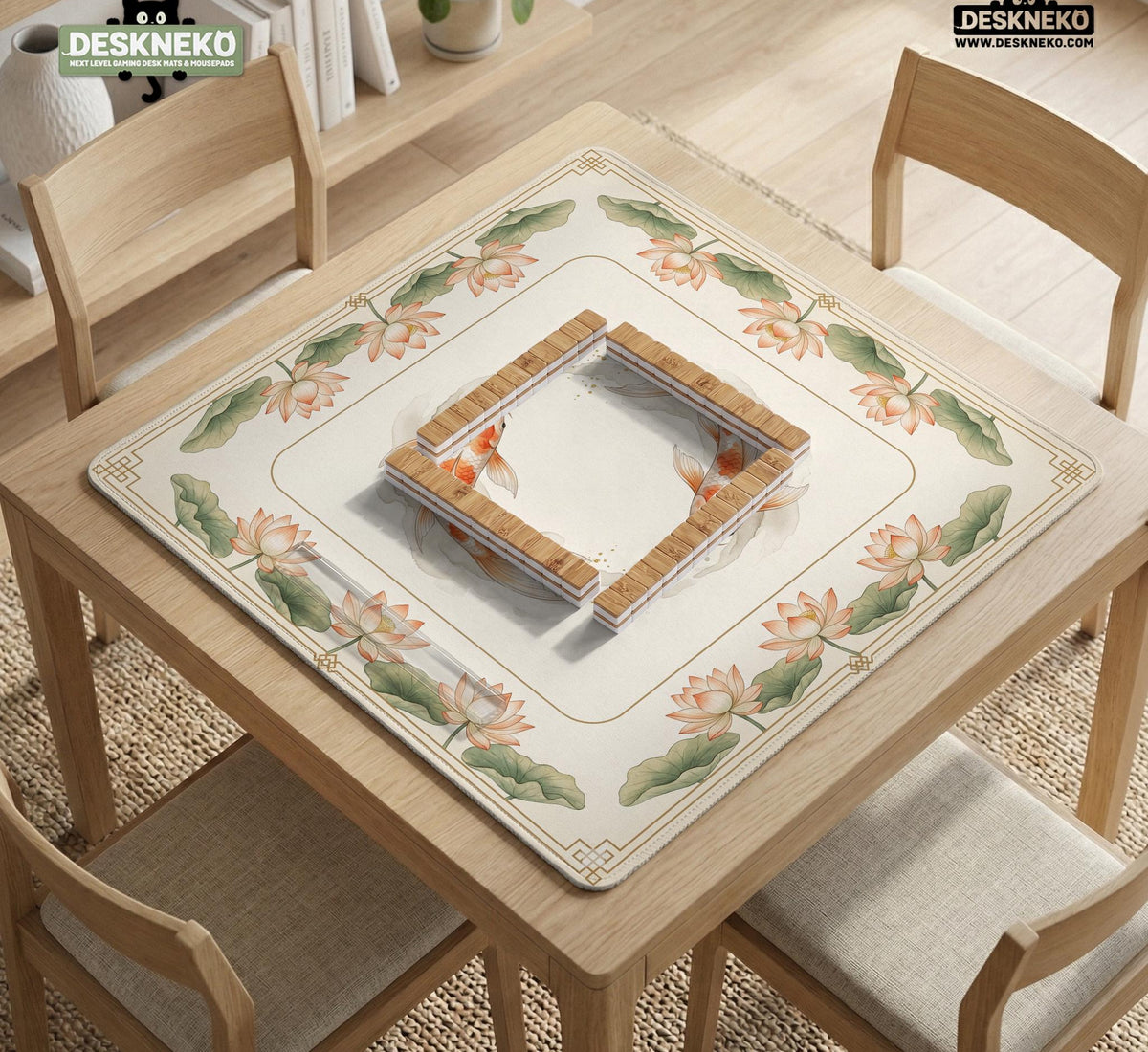 Ivory square mahjong mat with watercolor koi fish, lotus flowers, peach blossoms, sage leaves, and a thin gold border.