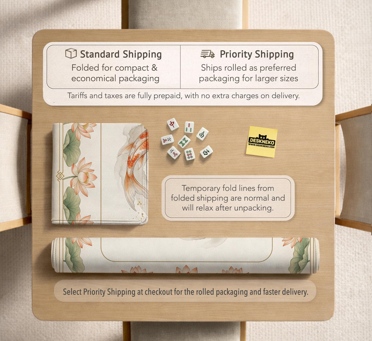Ivory square mahjong mat with watercolor koi fish, lotus flowers, peach blossoms, sage leaves, and a thin gold border.
