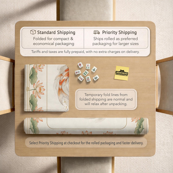 Ivory square mahjong mat with watercolor koi fish, lotus flowers, peach blossoms, sage leaves, and a thin gold border.