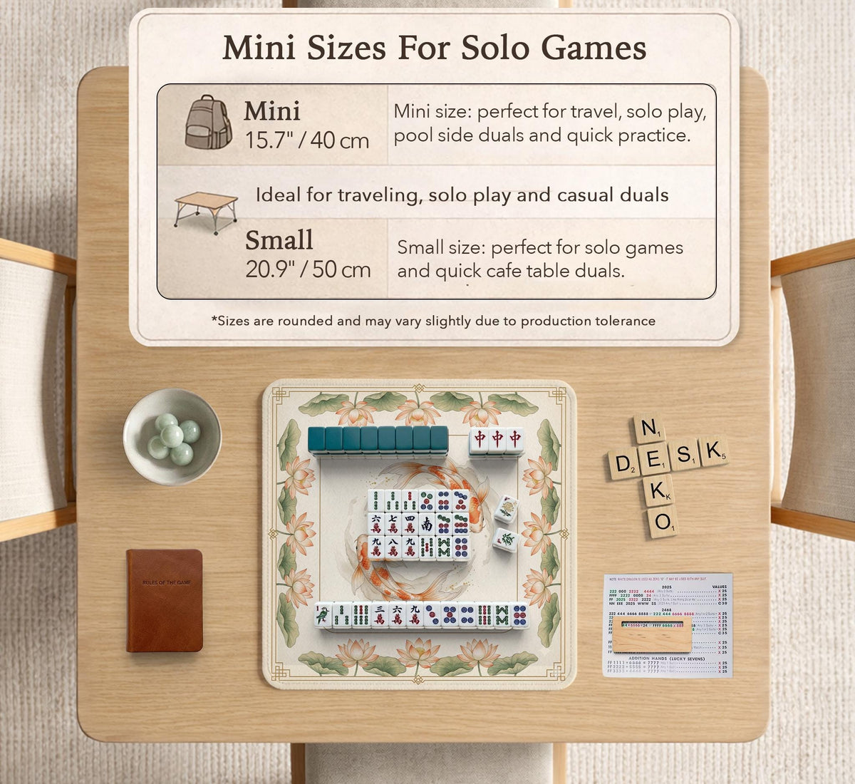 Ivory square mahjong mat with watercolor koi fish, lotus flowers, peach blossoms, sage leaves, and a thin gold border.