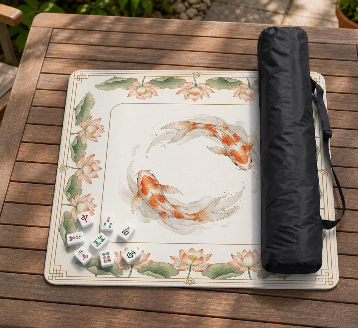 Ivory square mahjong mat with watercolor koi fish, lotus flowers, peach blossoms, sage leaves, and a thin gold border.