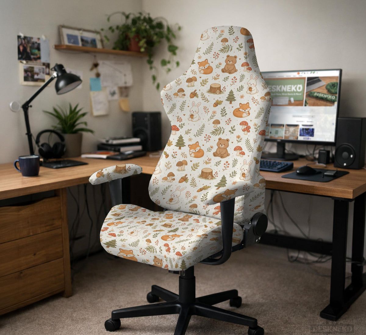 Desk chair cover options with a cute forest print featuring foxes, bunnies, mushrooms, leaves, acorns, and soft neutral colors.
