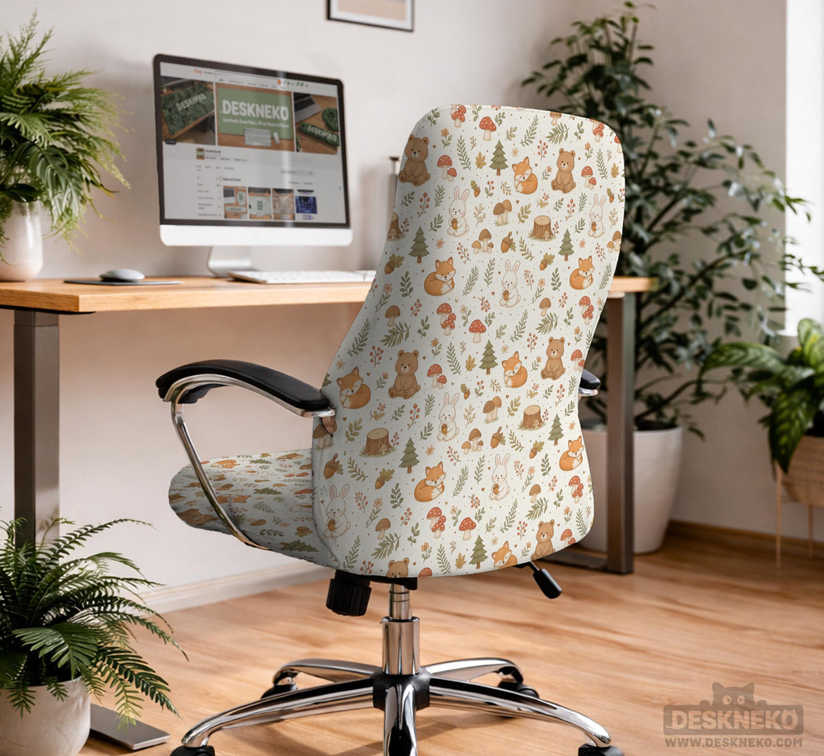Desk chair cover options with a cute forest print featuring foxes, bunnies, mushrooms, leaves, acorns, and soft neutral colors.