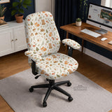 Desk chair cover options with a cute forest print featuring foxes, bunnies, mushrooms, leaves, acorns, and soft neutral colors.