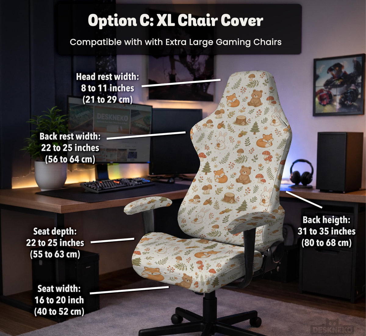 Desk chair cover options with a cute forest print featuring foxes, bunnies, mushrooms, leaves, acorns, and soft neutral colors.