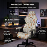 Desk chair cover options with a cute forest print featuring foxes, bunnies, mushrooms, leaves, acorns, and soft neutral colors.