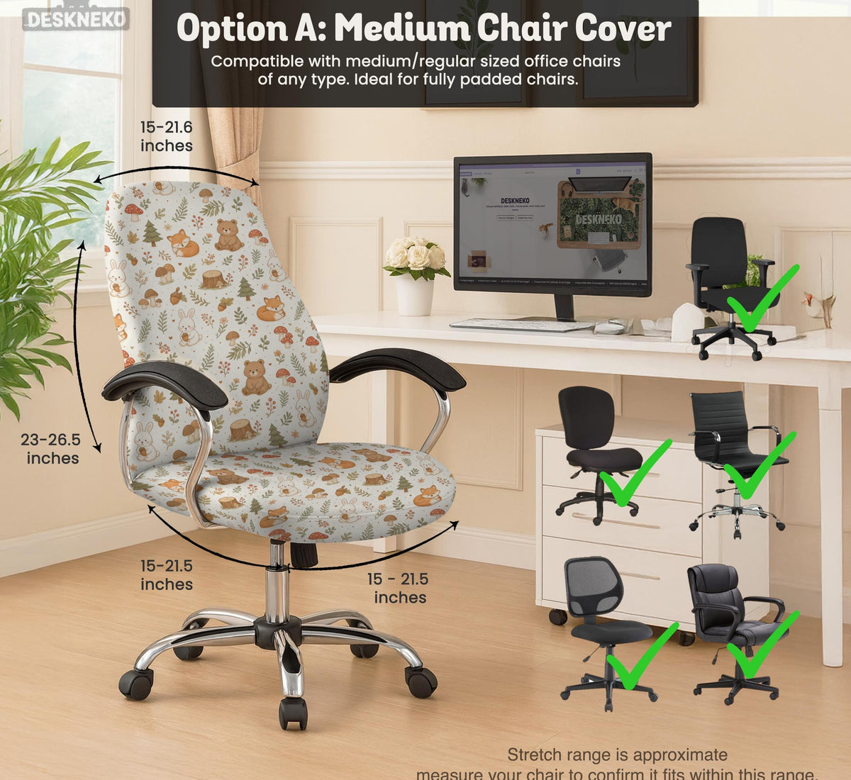 Desk chair cover options with a cute forest print featuring foxes, bunnies, mushrooms, leaves, acorns, and soft neutral colors.