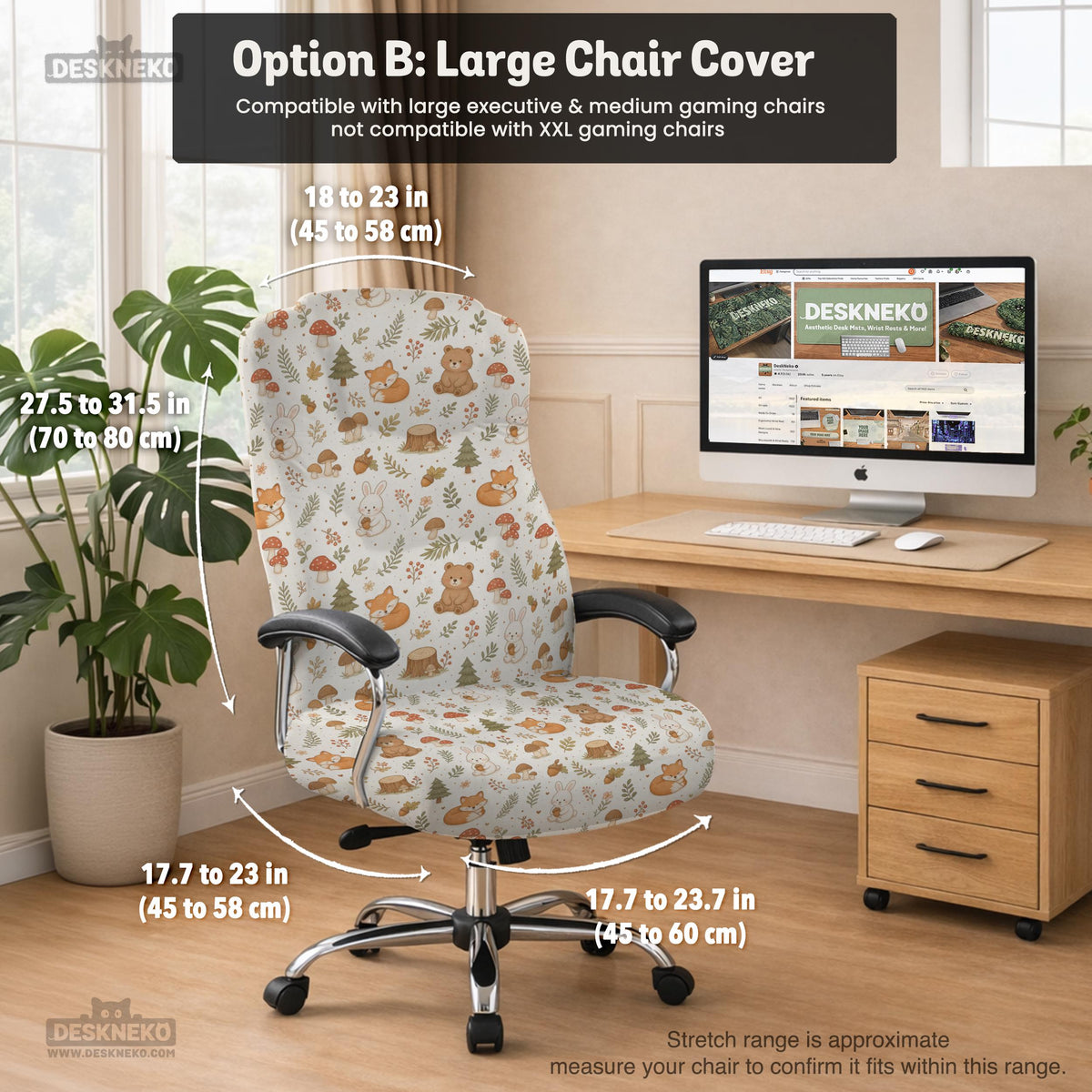 A gaming chair cover with a woodland animal print featuring foxes, rabbits, bears, mushrooms, and leaves in green, brown, and beige tones.
