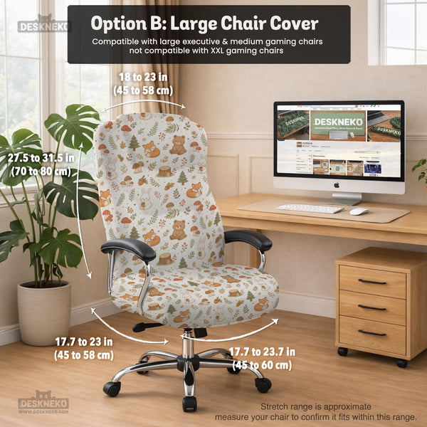 Desk chair cover options with a cute forest print featuring foxes, bunnies, mushrooms, leaves, acorns, and soft neutral colors.
