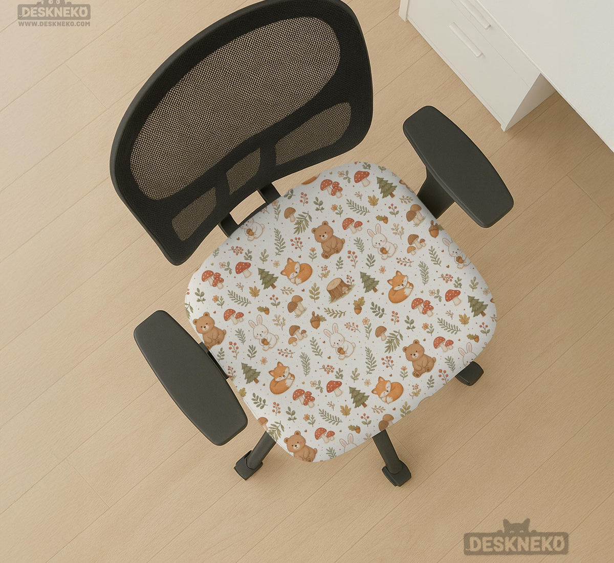 Desk chair cover options with a cute forest print featuring foxes, bunnies, mushrooms, leaves, acorns, and soft neutral colors.