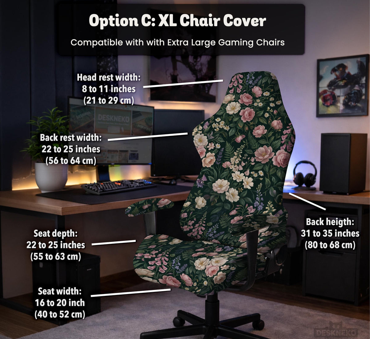 Green chair cover with a dark floral pattern, pink roses, cream flowers, and leafy botanical details on an office chair.