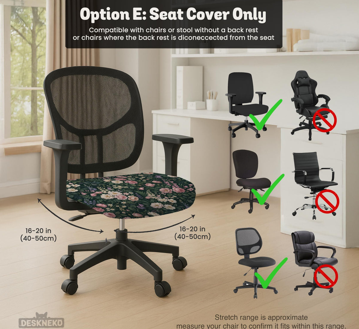 Green chair cover with a dark floral pattern, pink roses, cream flowers, and leafy botanical details on an office chair.