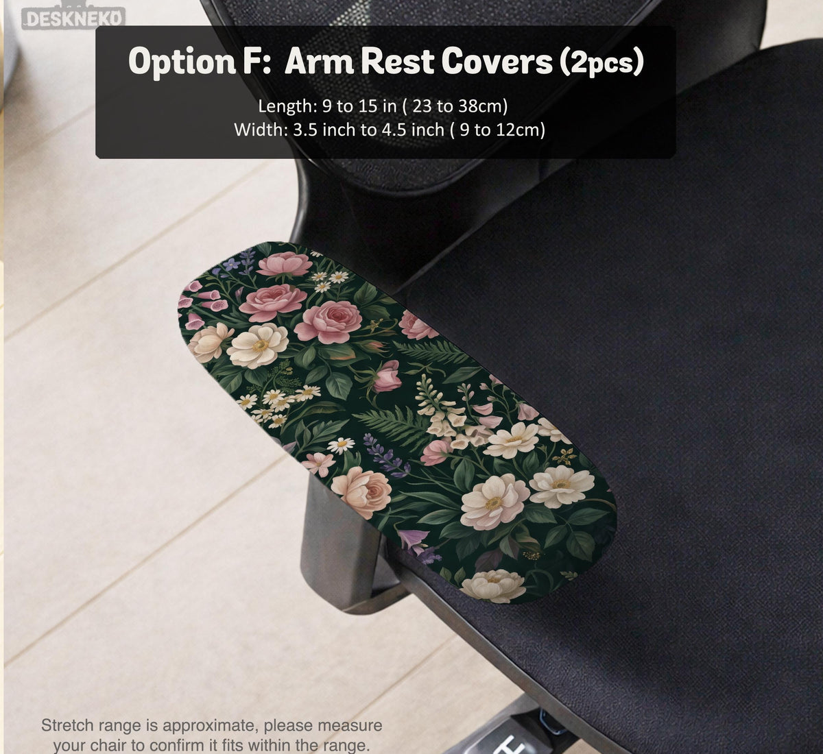 Green chair cover with a dark floral pattern, pink roses, cream flowers, and leafy botanical details on an office chair.