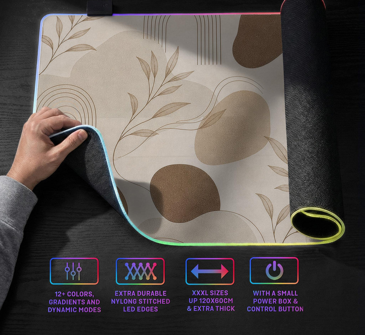 Beige desk mat with fine botanical line drawings and soft abstract shapes on a light neutral background.