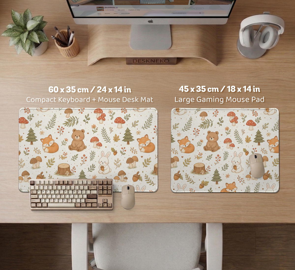 Cream desk mat with a woodland animal pattern featuring foxes, bunnies, mushrooms, berries, acorns, and sage leaves in soft green tones.