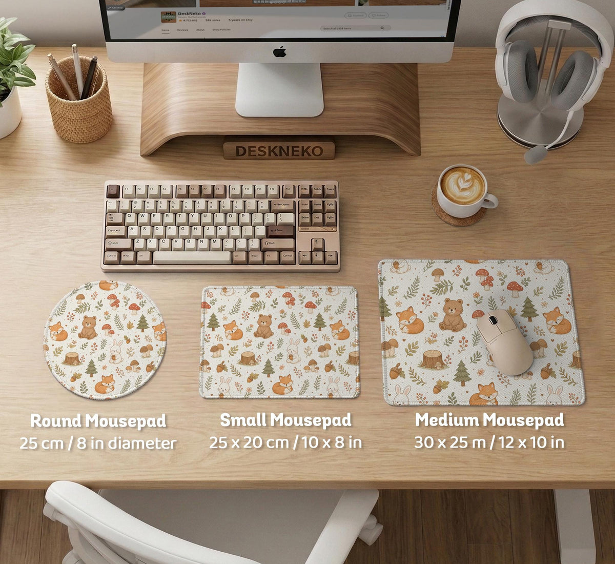 Cream desk mat with a woodland animal pattern featuring foxes, bunnies, mushrooms, berries, acorns, and sage leaves in soft green tones.