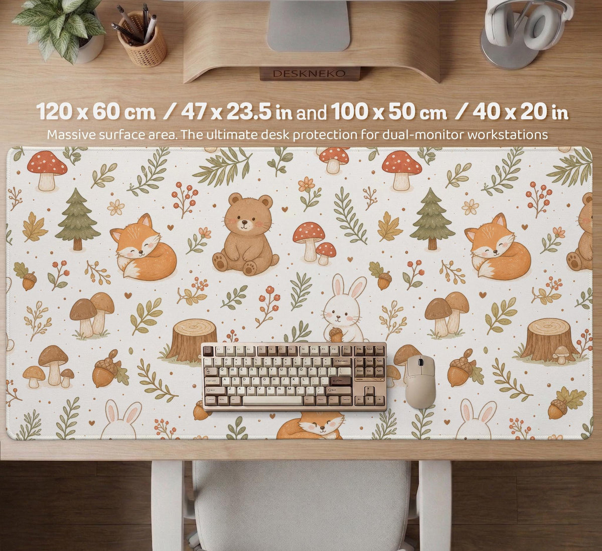 Cream desk mat with a woodland animal pattern featuring foxes, bunnies, mushrooms, berries, acorns, and sage leaves in soft green tones.