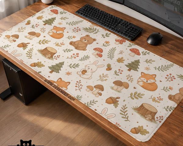 Cream desk mat with a woodland animal pattern featuring foxes, bunnies, mushrooms, berries, acorns, and sage leaves in soft green tones.